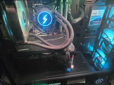 Close-up of high-performance PC components like a graphics card and CPU.